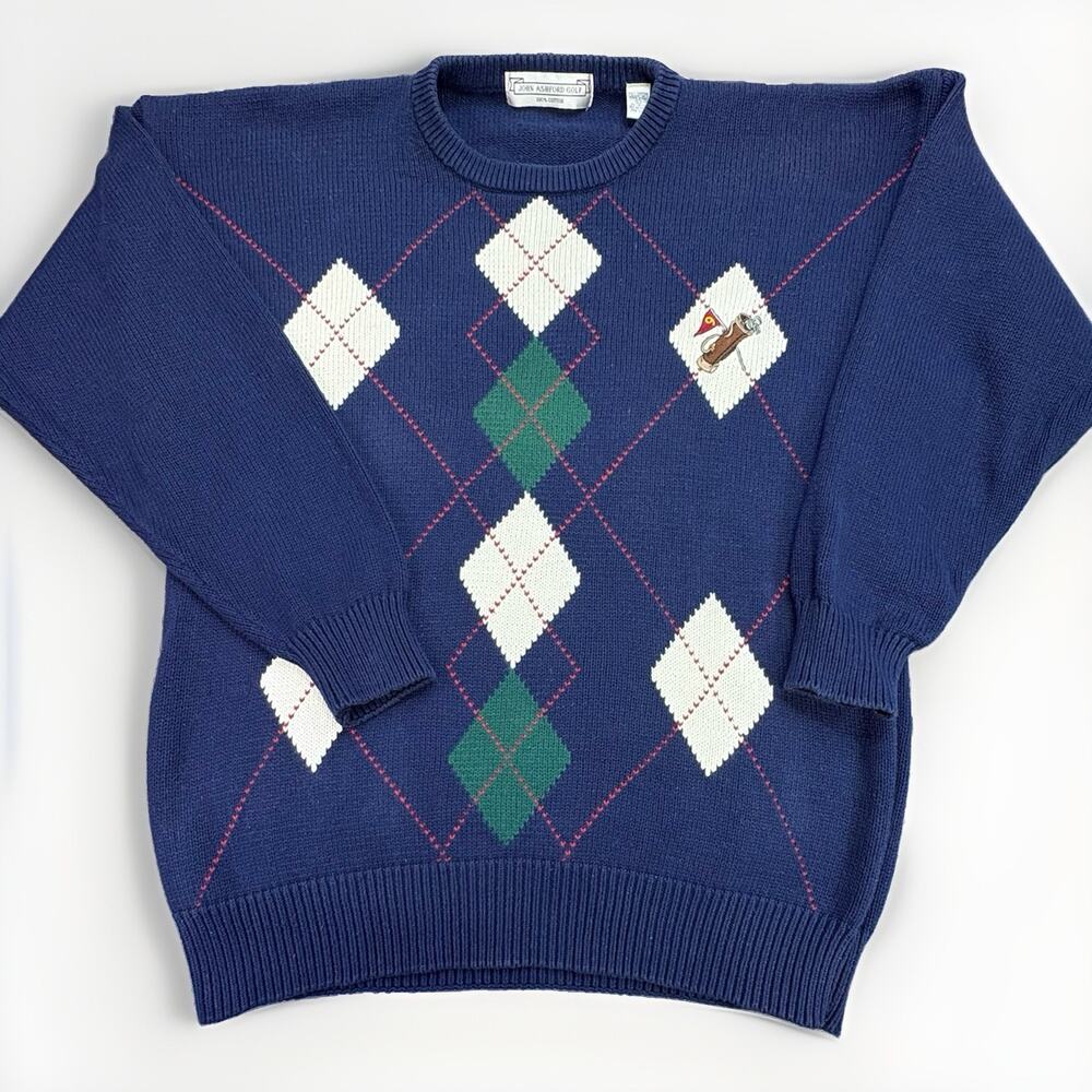 Vintage John Ashford Golf Sweater Mens Large Blue Argyle Embroidered Cotton Knit